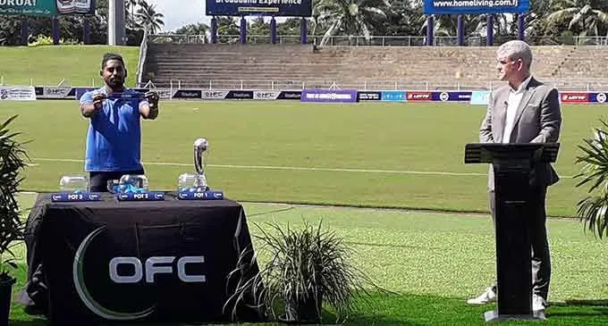 Roy Krishna (left) and Oceania Football Confederation (OFC) competitions director Chris Kemp during the announcement of the OFC Under-19 pool at the HFC Bank Stadiu, Suva on July 19, 2022. Photo: Sereana Salalo.