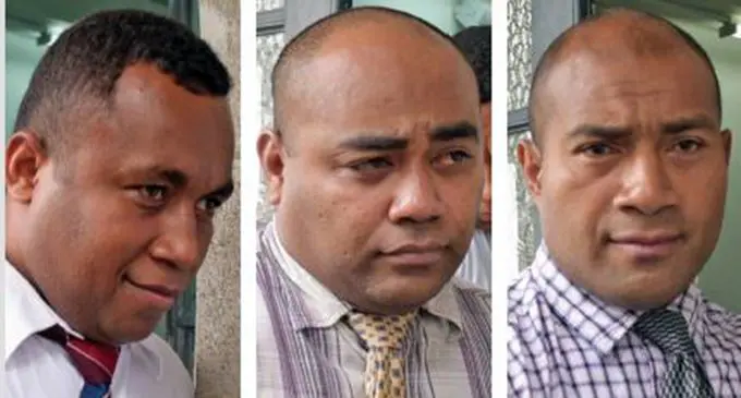 From left: Suspended Police officers Benedito Bolabiu, Laisenia Naiwau and Lasaro Turagadrau outside the Magistrates Court in Suva on November 20, 2019. Photos: Ronald Kumar