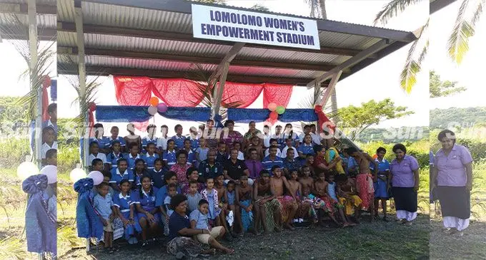 Guests, parents, teachers and students of LomolomobPublic School with their new pavilion. PHOTO NICOLETTE CHAMBERS 