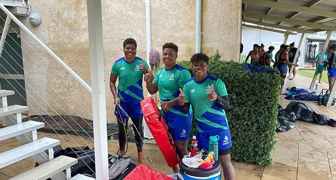 Rooster Chicken Fijiana Drua players (from left) Sereima Leweniqila, Vika Matarugu, Vitalina Naikore at their camp in Gold Coast, Australia, on March 31. 2022. Photo: Fijiana Drua