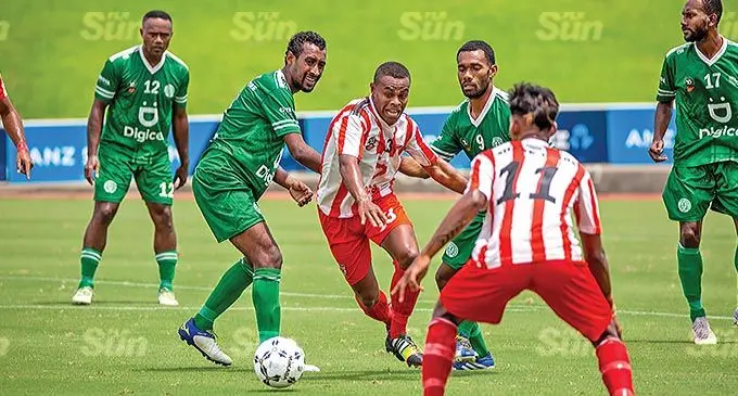 Labasa striker Apenisa Anare dribbles through the Nadi defence in their Digicel Premier League clash at the ANZ Stadium, Suva, on December 5, 2021. Photo: Leon Lord