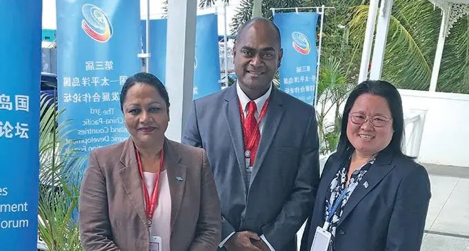 From left: Minister for Industry, Trade and Tourism Premila Kumar, Tourism  Authority of Kiribati chief executive officer Petero Manufolau, and Consul General and Trade Commissioner of Fiji to China, Yolanda Chan, during the 3rd China-Pacific Island Countries Economic Development and  Cooperation Forum, Apia, Samoa.   Photo: Maraia Vula 