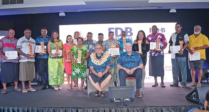 FDB National SME awards winners with President Jioji Konrote and FDB Board Chairman Robert Lyon at Grand Pacific Hotel on February 28, 2019. Photo: Ronald Kumar.