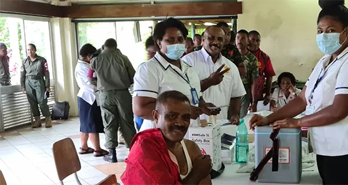 Reverend Major Ilaitia Tuwere gets his AstraZeneca shot at the Queen Elizabeth Barracks on Friday, March 12, 2021. Photo: RFMF Media Cell