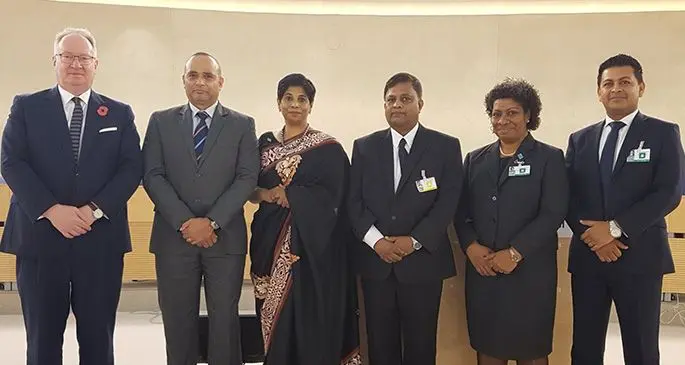 The Fijian delegation which presented the Fijian Human Rights Report at the Universal Periodic Review in Geneva. From left to right: Director of Public Prosecutions Christopher Pryde, Commissioner of Police Brigadier-General Sitiveni Qiliho, Ambassador, Permanent Mission of Fiji to the United Nations in Geneva Nazhat Shameem Khan, Acting Chief Justice Kamal Kumar, Director Women at the Ministry of Women, Selai Korovusere and Acting Director of Legal Aid Commission Shaheen Ali. Photo: Fijian Government