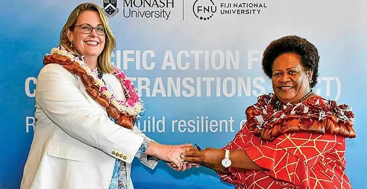 FNU Acting Vice-Chancellor Professor Unaisi Nabobo-Baba (right) and Monash University’s Deputy Vice-Chancellor (Research) and Senior Vice-President, Professor Rebekah Brown during the PACT research centre launch earlier this year. Photo: FNU