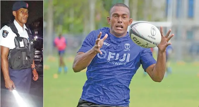 Fiji Airways Fiji 7s forward Suliano Volivoli during a training session.Insert:Volivoli at a checkpoint during this crisisw.Photo: Ronald Kumar 