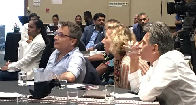 From left, French ambassador to Fiji, Jean-François Fitou, Attorney-General and  Minister for Economy Aiyaz Sayed-Khaiyum,   Commerce, Trade and Tourism minister  Faiaz Koya and  dignitaries at the Fiji Chamber of Commerce and Industry’s post budget discussion in Suva.
