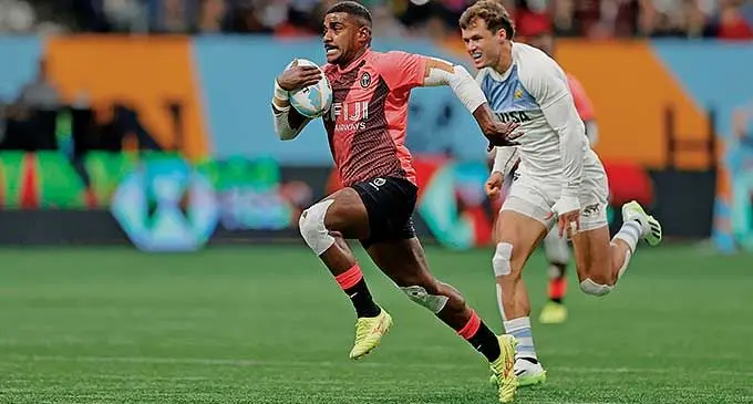 Fiji’s Pilipo Bukayaro races away from an Argentina player on Day Two of the HSBC SVNS at BC Place on February 25, 2024 in Vancouver, Canada. Photo: Mike Lee - KLC fotos for World Rugby
