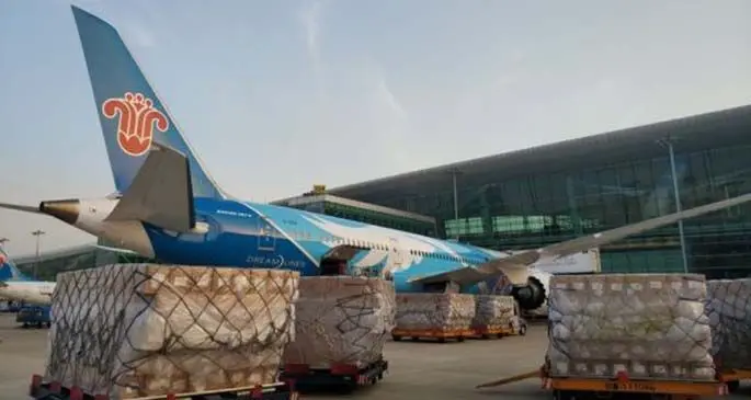 Tonnes of medical supplies are to be loaded onto a China Southern Airlines flight for New York at an airport in Wuhan, central China's Hubei Province, on April 24, 2020. (Provided to Xinhua)