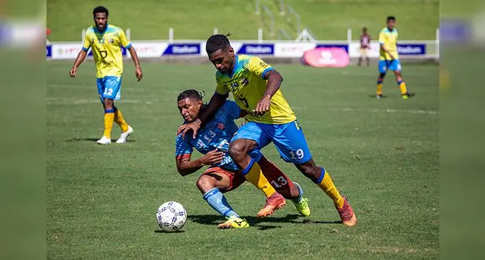 Nadroga’s Mitieli Naiviro is challenged by Nasinu defender Inia Boko during their Digicel Premier League clash at the HFC Bank Stadium, Suva, on August 7 , 2022. Photo; Leon Lord
