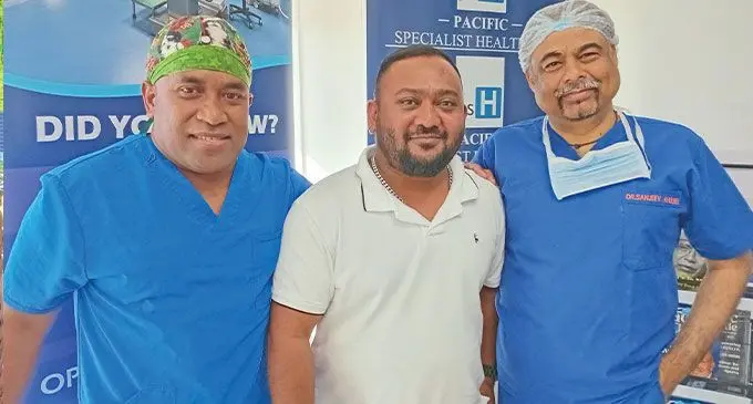 Dr Semiti Vakabua (left), PSH CEO and Director Parvish Kumar and Cardiothoracic and Vascular surgeon Dr Sanjeev Khulbey. Photo: Charles Chambers