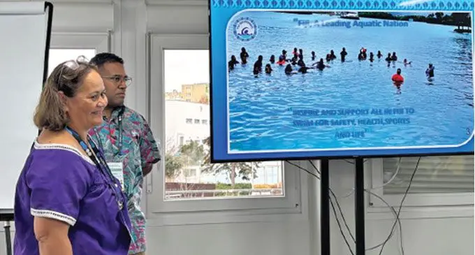 Fiji Swimming president Lucy Erasito (front left) during her presentation to World Aquatics in Budapest, Hungary. Photo: Fiji Swimming