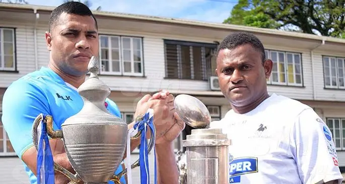 Challenge accepted…John Stewart of Suva Rugby and Nadroga ManagerPlayer Semi Cabenalotu with Skipper Cup and Farebrother trophy during the Skipper Cup launching on July 16, 2020. Photo: Ronald Kumar.