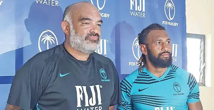 FIJI Water Flying Fijians head coach Simon Raiwalui (left) and captain Waisea Nayacalevu, Lautoka on July 20, 2023. Photo: Salote Qalubau
