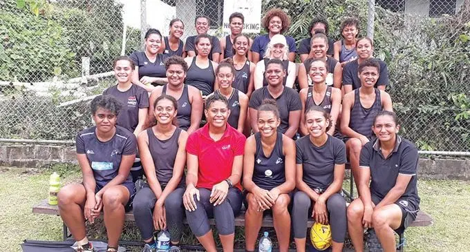 Fijian Pearls netball head coach Jenny Brazel (third row, fourth from left) with the players before their training run in Suva on March 13, 2021. Photo: Sereana Salalo