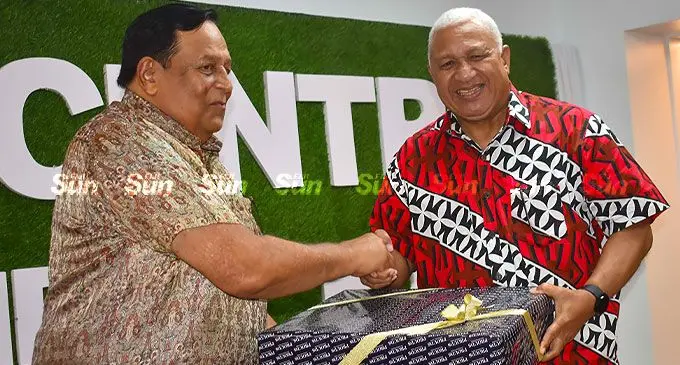Sun Insurance chairman, Padam Lala, with Prime Minister Voreqe Bainimarama during the launch of SUN Center 1.Photo: Waisea Nasokia