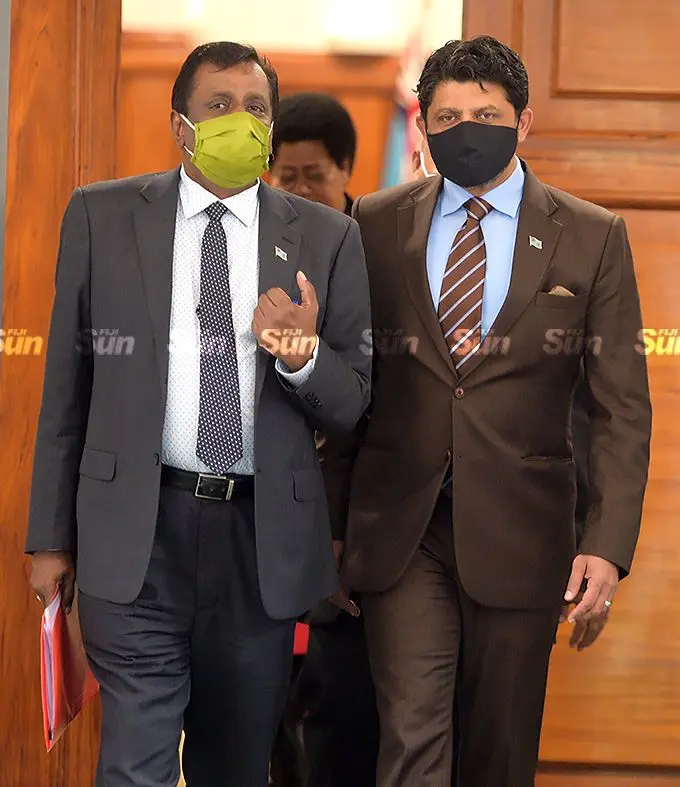 Minister for Youth and Sports Praveen Bala with Acting Prime Minister and Attorney General Aiyaz Sayad-Khaiyum outside Parliament on February 9, 2022. Photo: Ronald Kumar.