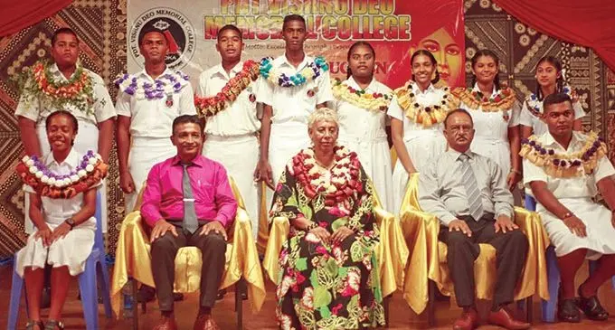 Pandit Vishnu Deo Memorial College head prefects with the University of Fiji acting vice chancellor, Shaista Shameem (front row, middle) principal Ravindra Deo Varman (front row, second from left) and the school manager, Sailesh Singh (front row, second from right) on March 2, 2021. 
