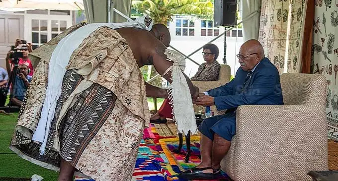 Prime Minister Sitiveni Rabuka (seated right). with the paramount chief of Rewa, Ro Teimumu Kepa, at the opening of the Great Council of Chiefs meeting at the Lagoon Resort in Pacific Harbour, Deuba, on February 28, 2024. Photo: Leon Lord
