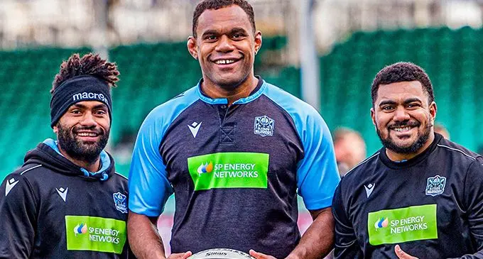 Glasgow Warriors’ Fijian trio from left: utility back Nikola Matawalu. forwards Leone Nakarawa and Mesulame Dolokoto in Scotland. Photo: Glasgow Warriors