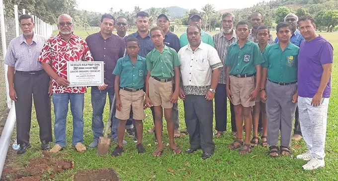 Students, school management with the donors Jameer Hussain and Sheik Elliyas during the ground breaking ceremony at Bocalevu Muslim Primary School in Labasa on August 26, 2022