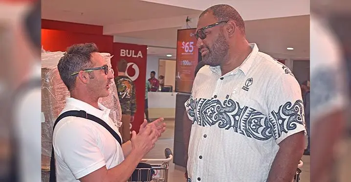 Fiji Airways Fijian men’s sevens team head coach Ben Gollings (left) and Fiji Rugby Union interim head coach at the Nadi International Airport on March 8, 2023. Photo: Waisea Nasokia