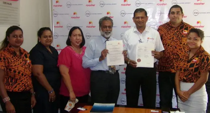 From left: Pritika Swamy, Fiji National University representative Angelina Singh, FNU head of School Vetenary Science Dr Vingelle Jimenaz, Dean of College of Agriculture, Fisheries and Forestry at FNU Professor John Chelliah, Future Farms Limited executive director Pramesh Sharma, Rooster Poultry general manager Stanley Raniga and Sofaia Lutumailagi.   Photo: Charles Chambers