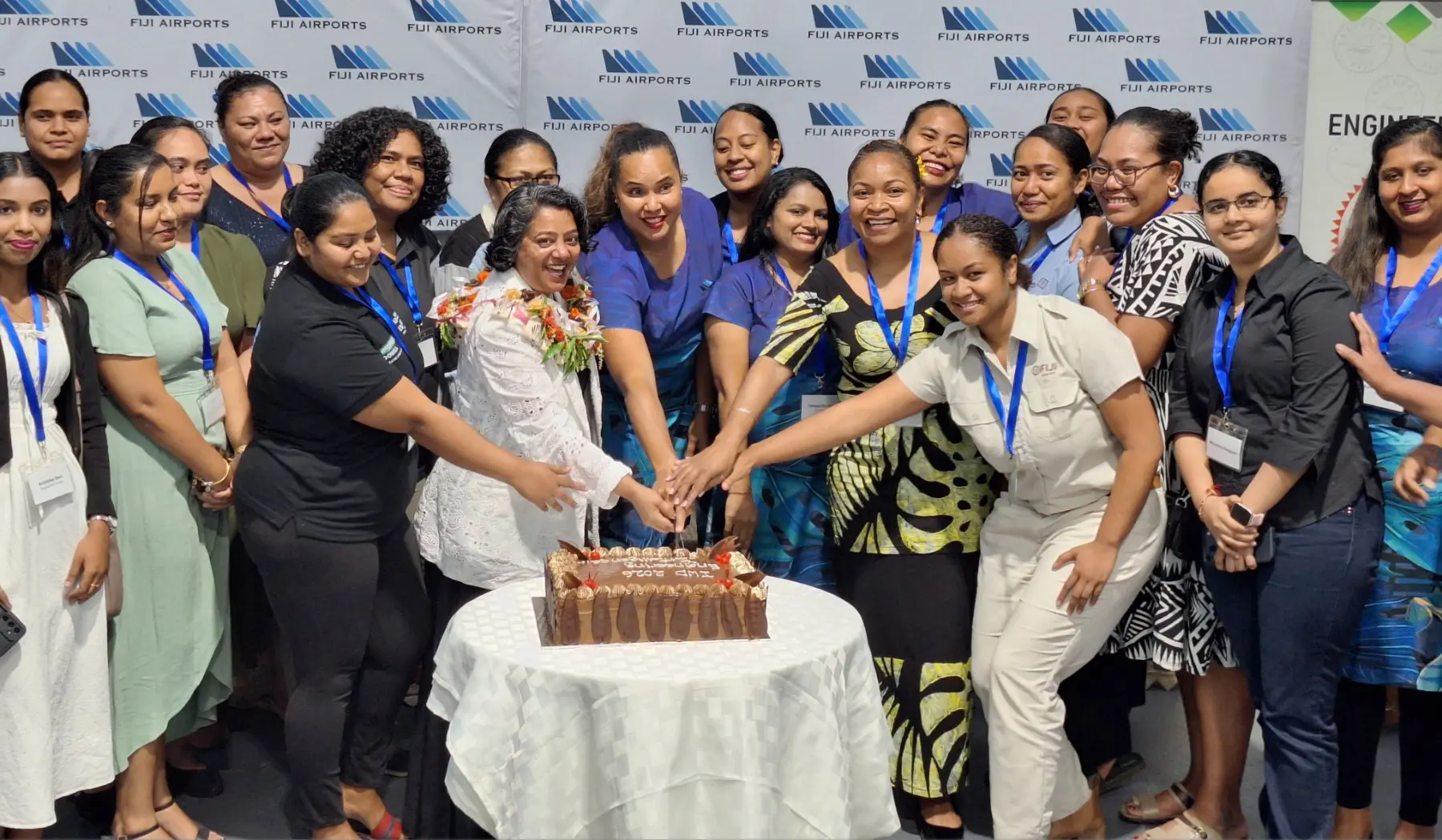 Minister for Women, Children and Social Protection Sashi Kiran (wearing a garland) with women engineers at the International Women in Engineering Day 2026 networking event in Nadi.