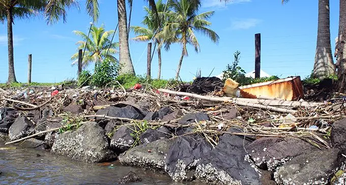Rubbish that was swept in by the current during the rainy weather pilled up at the sea walls at Suva point on April 29,2019.Photo:Simione Haravanua.