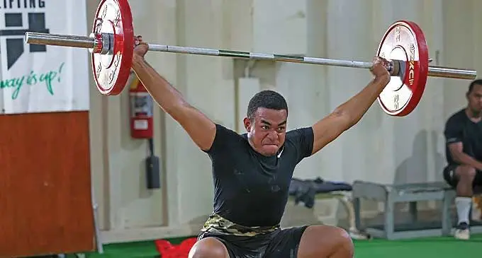 Koro Tuiqalau participating in the Weightlifting Fiji club competition at the National Fitness Centre on December 23, 2023. Photo: Sereana Salalo