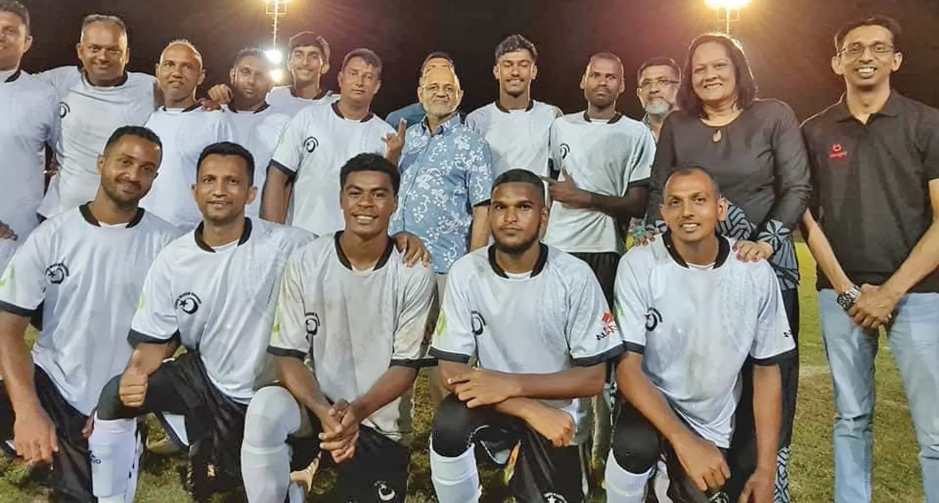 Minister fo Education Rosy Akbar (standing- second from right) with the Savusavu football team before the Digicel Muslim IDC Super Premier final at Subrail Park, Labasa, on November 8, 2020.  Photos: Renu Radhika
