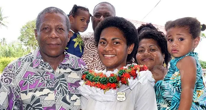 Lami High School head girl, Fane Delai with family members ( from left) uncle Joni Buinitaria, parents Lepani and Akanisi Delai with sisters Faith and Luisa Makoto following the prefect induction ceremony on February 18, 2021. Photo: Ronald Kumar