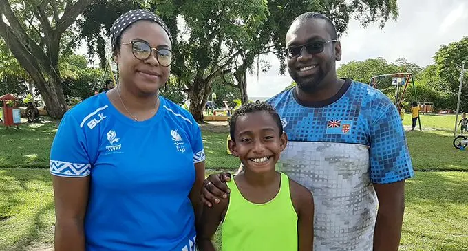  From left: Mohammed Altaf Junior and his parents Reapi Qeteqetelevu and Mois Altaf senior at the My Suva Park during the Courts and Sports World Fun Run yesterday.  Photo: Shreeya Verma