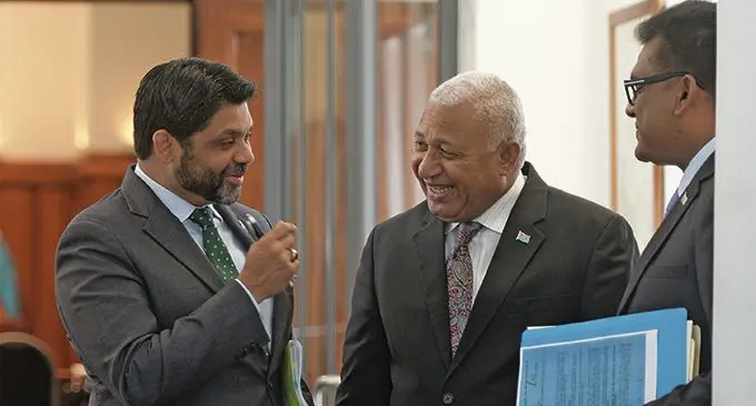 Attorney General and Minister for Economy Aiyaz Sayed-Khaiyum, Prime MInister Voreqe Bainimarama with PS in Prime Ministers office Sunil Karan outside Parliament on February 13, 2019. Photo: Ronald Kumar.