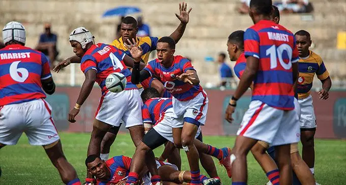 Marist Brothers High School Under-18 halfback Manu Buinimasi clears the ball against Ratu Kadavulevu School during the Vodafone Super Deans Trophy Under-18 quarterfinal at the HFC Bank Stadium, Suva, on September 24, 2022. Photo: Leon Lord
