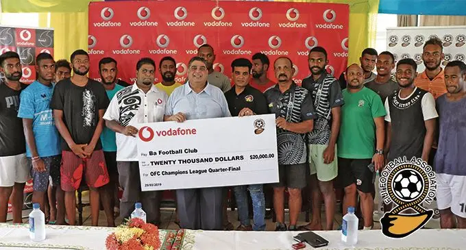 Vodafone Ba football team receives the Vodafone sponsorship cheque of $20,000 from Fiji Football Association president Rajesh Patel on April 1, 2019. Photo: Fiji FA Media