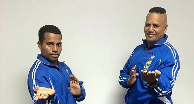 From left Johnny Anthony with coach Steven Brown in Suva on September 13, 2019. Photo: Grace Narayan.