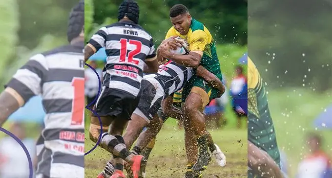 Rewa Winger Tomasi Mara makes a tackle against Tailevu during their Skipper Fiji Rugby Championship clash at Burebasaga District School ground on April 2, 2022. Photo: FRU Media.
