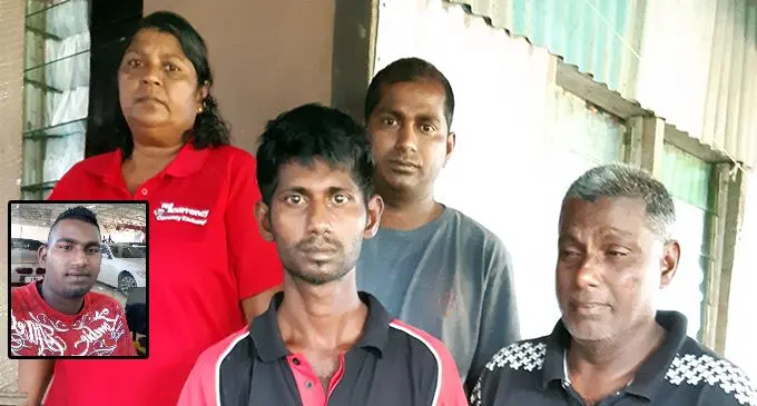 Back, from left: Latchmi Mudaliar (sister) Krishna Mudaliar (brother-in-law).  Front, from left: Satish Mani (brother) Subar Mani (father) in Lakena on October 9, 2019.  INSET: The late Atish Mani. Photo: Shalveen Chand
