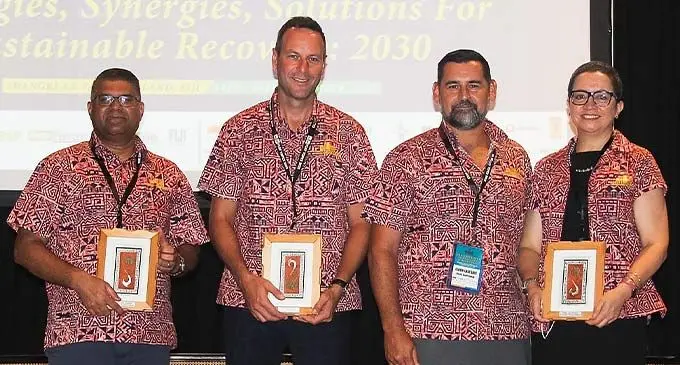 Session two speakers at the two-day TOPEX conference 2022 held at the Shangri -La, Yanuca Island, Coral Coast, Reserve Bank of Fiji Governor Ariff Ali, Tourism Fiji chief executive officer Brent Hill, KPMG managing partner Lisa Apted.