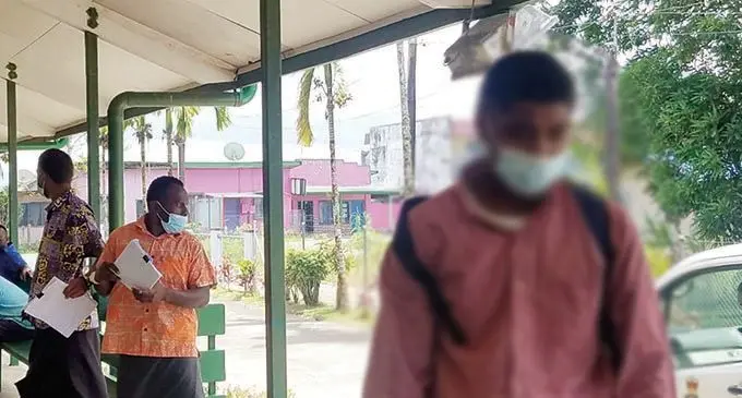 From left: Anare Molilevu, Simione Waqaicere and the juvenile (whose image has been blacked out because he is a minor), outside the Navua Magistrates Court on October 19, 2021. 