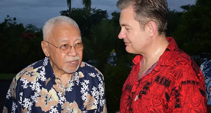 Renowned businessman and former politician Sir James Ah Koy and New Zealand High Commissioner Jonathan Curr at the New Zealand High Commissioner’s Residence on February 16, 2019. Photo: Simione Haravanua