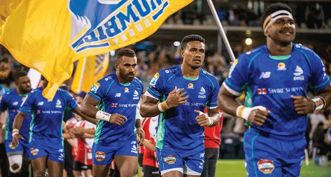 Swire Shipping Fijian Drua reps Eroni Sau (third from left), Iosefo Masi and Kalaveti Ravouvou in Canberra, Australia, before their match against the Brumbies in round 8 of the Super Rugby Pacific franchise. Drua lost 28-43. Photo: Leon Lord 