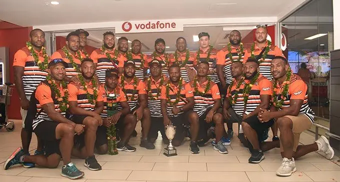 Papua New Guinea’s rugby league champions Lae Snax Tigers with the Melanesian Cup at Nadi International Airport on February 26, 2020. The Tigers take on Fijian champions Ravoravo Rabbitohs at Churchill Park, Lautoka on Saturday. Photo: Waisea Nasokia.