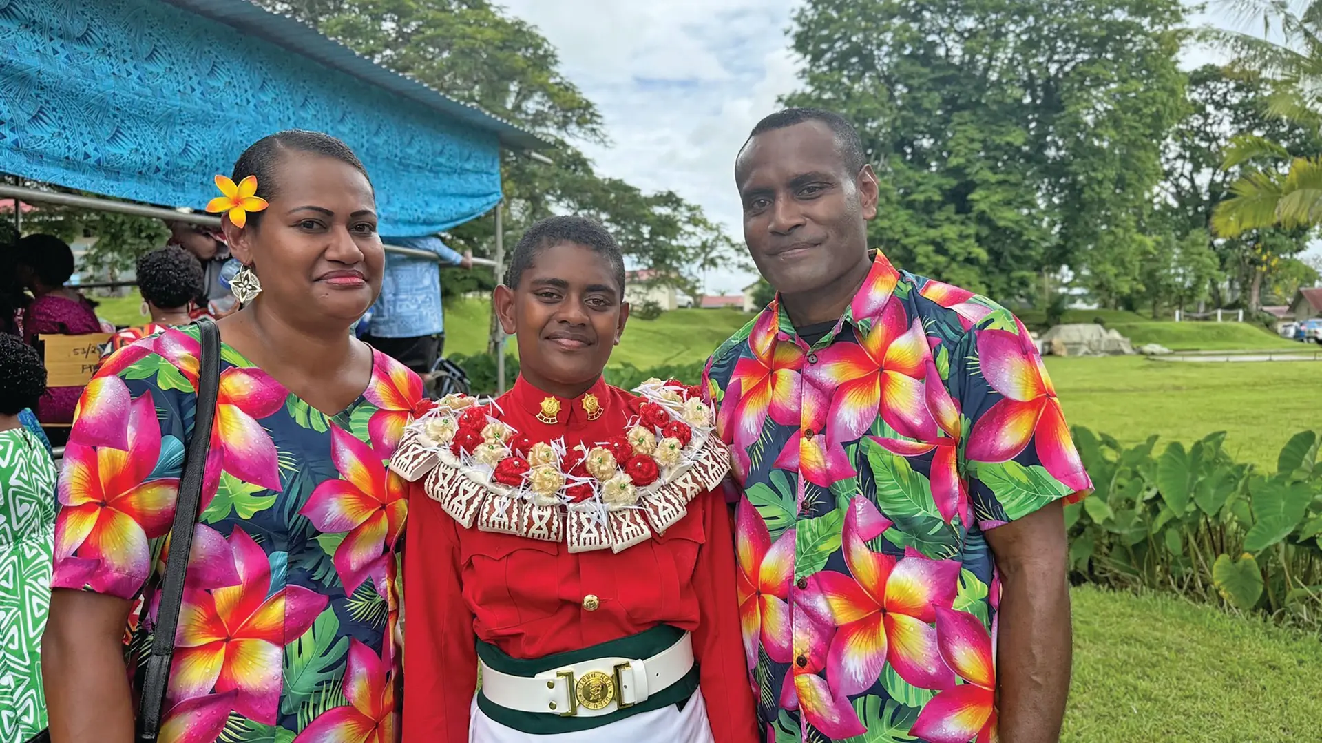  Irinieta Kali (mother), Baulina Kororua and Mikaele Kororua (father) at the Force Training Group after the Basic Recruit Passing-out parade on December 12, 2025.