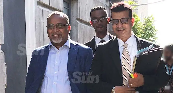 Solo Naivakarurubalavu Mara with his lawyers Devanesh Sharma (right) and Sharoneel Deo (back) from R Patel Lawyers outside the Magistrates Court in Suva on October 26, 2020. Photo: Ashna Kumar