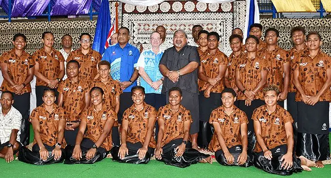 Fiji women’s rugby sevens players, officials with the Minister for Youth and Sports Jese Saukuru, FRU interim Trustees Peter Mazey and FRU general manager operations and national development Sale Sorovaki at the FMF Gym in Suva on November 20, 2024. Photo: Ronald Kumar