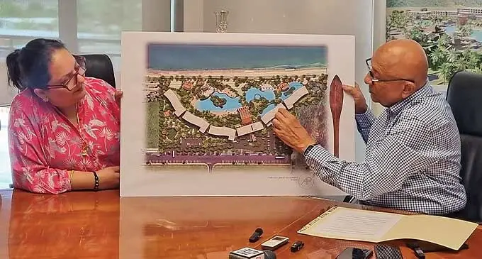 From left: FMF Foods Limited director Leena Punja and Hari Punja & Sons Limited chairman Hari Punja popints to the different features of the new hotel. Photo: Laiseana Nasiga