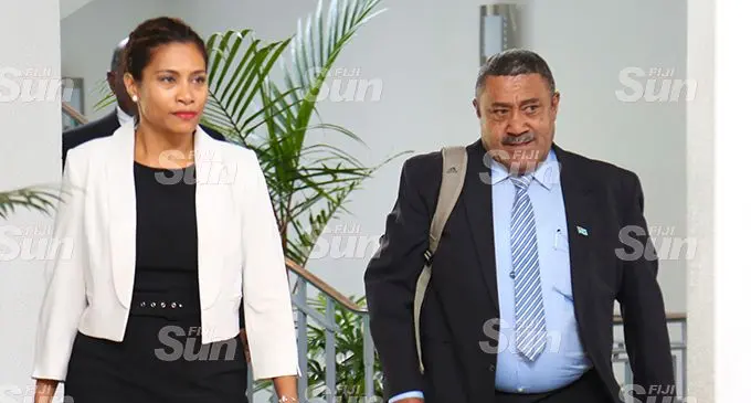 Opposition MPs, Lynda Tabuya (left), and Ratu Suliano Matanitobua outside Parliament on February 17, 2020.  Photo: Kelera Sovasiga